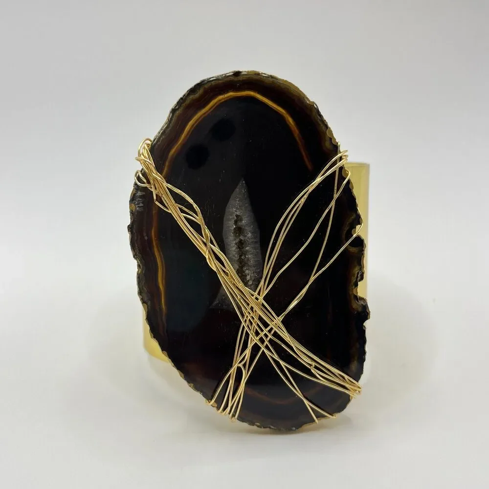 Black Wire Wrapped Geode Cuff Bracelet Gold Tone Metal Agate Slice Stone Mens